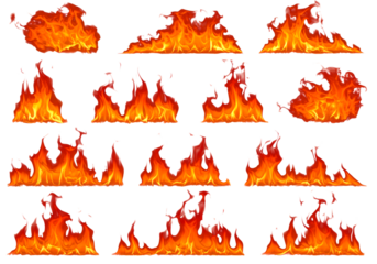Fire flames ignite with intense heat and vibrant orange and red hues, showcasing a powerful and dynamic collection of fiery elements.