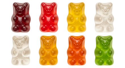 Eight colorful gummy bears arranged in two rows against a pure transparent background