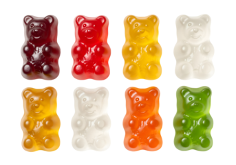 Eight colorful gummy bears in two rows, studio shot on a pure transparent background