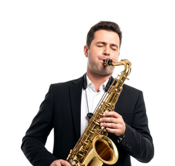 Fototapeta premium Man playing a saxophone with closed eyes, deeply immersed in the soulful melody of his brass instrument during a passionate performance.