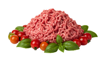 Raw ground meat with cherry tomatoes and basil