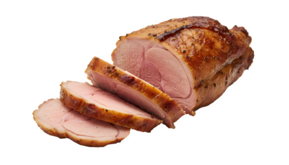 Sliced roasted pork ham cutlets on transparent background