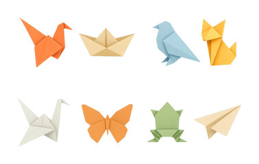 Naklejka premium Eight colorful origami figures crafted from folded paper, including birds, a boat, a fox, a butterfly, a frog, and a paper airplane.