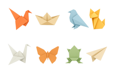Eight colorful origami figures crafted from folded paper, including birds, a boat, a fox, a butterfly, a frog, and a paper airplane.
