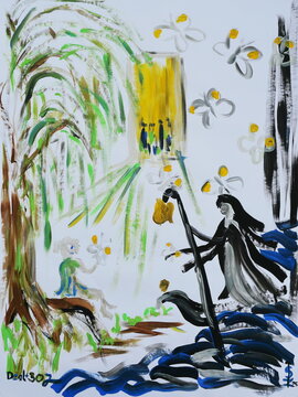 Painting "Deal Plus 30 Years": - Expressive scene. Woman and ferryman negotiating an extension of life. Used as a symbolic image for therapy, grief, death, hope, life crises, or spiritual themes. 