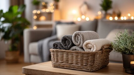 Cozy living room with rolled towels in wicker basket creating relaxing atmosphere