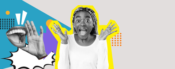 This lively collage features a woman making a surprised expression, surrounded by colorful shapes and animated graphics. The artwork reflects excitement and joy through bold design elements.