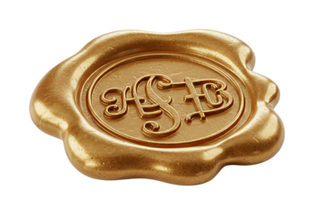 Golden wax seal with ornate initials HSB embossed on its surface, symbolizing authenticity, luxury, and important official documents.