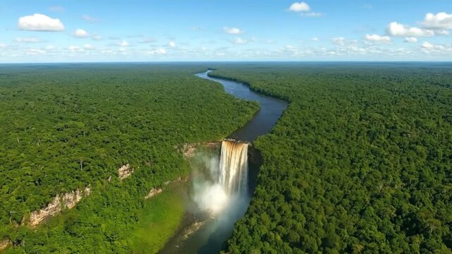 Aerial view of majestic Kaieteur Falls on the Potaro River in the Amazon Rainforest of Guyana
