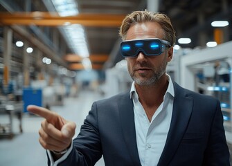 Middle-aged businessman wearing virtual reality glasses in a modern factory