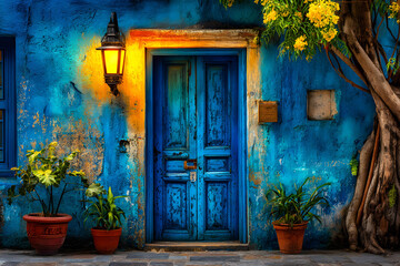 Charming Blue Doorway with Vibrant Surroundings