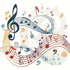 Obraz premium Diverse arrangements of musical notes in flowing and circular wave forms for music-themed designs