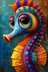 Vibrant Cartoon Seahorse with Expressive Features