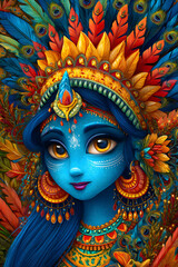Vibrant Blue Skinned Woman with Feathered Headdress
