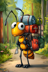 Adventurous Ant with Backpack in Forest Scene