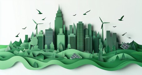 Sustainable urban landscape paper cutout with green energy elements