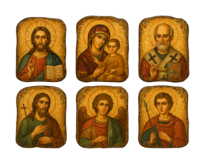 Six traditional Christian religious icons depicting various saints, angels, and holy figures with golden halos and ancient artistic details.