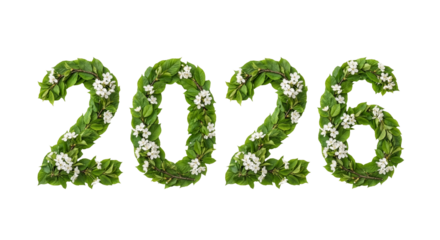 2026 formed entirely from fresh green leaves, Isolated on white