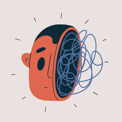 Cartoon vector illustration of a man with tangled threads inside his head, symbolizing confusion and overthinking