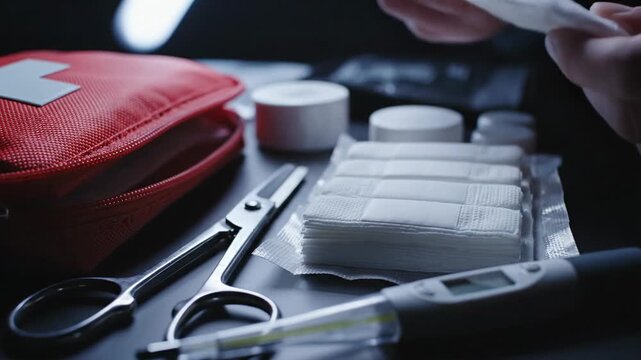 Medical supplies on a dark desk red first aid pouch, pill blister packs, scissors, syringe. nearby