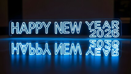 Happy new year 2026 written in bright blue neon light with reflection