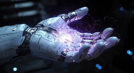 Futuristic robotic hand holding glowing energy and sparks