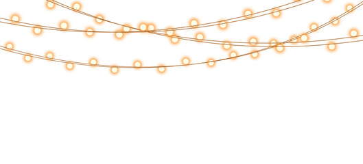 Strings of warm glowing fairy lights isolated on transparent background