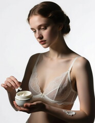 A young attractive slender girl with clear skin applies cream to her body on a delicate background
