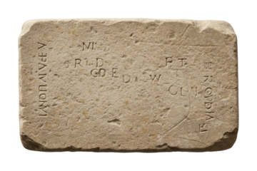 Ancient stone tablet with inscriptions displaying a weathered surface and historical text, evoking a sense of antiquity and archaeological discovery.