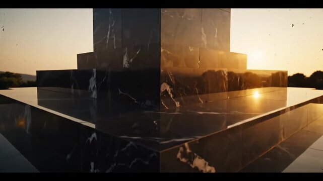 Polished black marble blocks form a stepped pedestal, reflected in a still pool at sunset. Soft glow