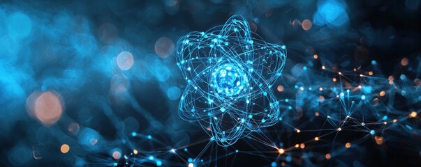 Abstract blue background featuring atom with scientific connections