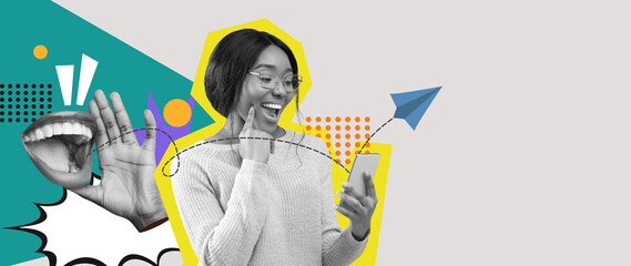 A lively collage features a person joyfully using a smartphone while displaying a range of...