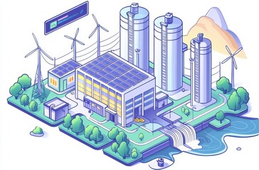 Illustration of a sustainable energy facility with wind turbines and solar panels