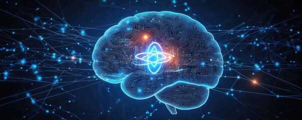Digital brain visualization with glowing neuron connections on blue background