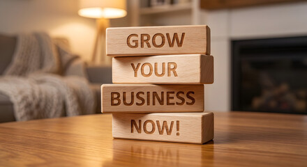 Motivational Wooden Blocks with Grow Your Business Now Message for Entrepreneurs