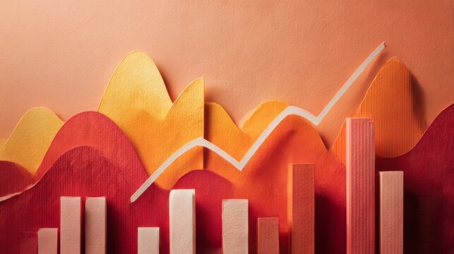 Three-dimensional paper bar graph with rising gradient bars from yellow to white on warm layered background