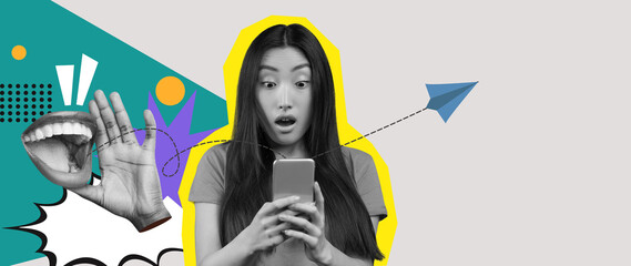 A vibrant collage captures a young woman's surprised expression while she looks at her smartphone....