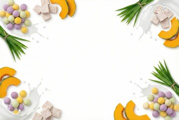 Thai Bua Loi ingredients frame with colorful glutinous rice balls, taro cubes and pumpkin slices on white background. Top view flat lay of coconut milk splash and pandan leaves with copy space.