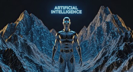 Artificial Intelligence: A futuristic depiction of a humanoid robot standing before majestic mountain peaks, the glowing Artificial Intelligence illuminating the scene.
