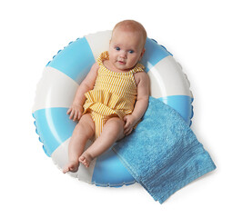 Cute little baby with towel on inflatable ring against white background, top view