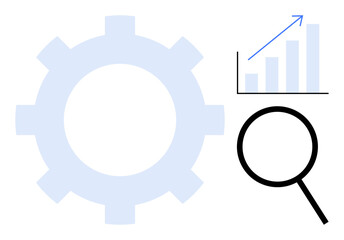 Gear portrays process or mechanics, chart with arrow reflects growth and progress, magnifying glass symbolizes analysis or search. Ideal for business, strategy, data, SEO, improvement, efficiency