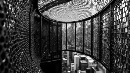 Intricate black mesh dominates, creating a textured screen. A blurred city skyline peeks through, suggesting a protective barrier and expansive view. Sharp focus on the foreground mesh.