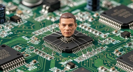 Humanoid head merged with circuit board: Merging the concepts of human intellect and technological advancement, this image shows a humanoid head seamlessly integrated into a complex circuit board.