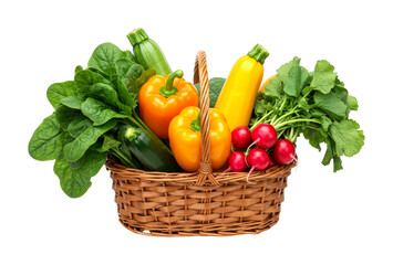 Woven basket of fresh vegetables overflows with vibrant, colorful produce, showcasing a healthy and nutritious harvest ready for cooking.