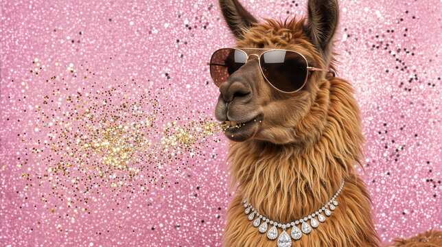 Cool Llama with Sunglasses and Diamond Necklace Spitting Glitter