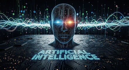 AI Innovation: A captivating digital depiction showcasing the conceptualization of artificial intelligence through a robotic face intertwined with intricate circuits, illuminated by a vibrant.