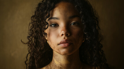 Studio portrait of Afro-Latina teenager, vitiligo and natural curls, captured in soft light with a calm, mood. Young girl with skin spots, skin blemishes, some kind of skin desease, skin disorder. Gir