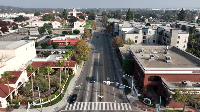 Fullerton, California, USA - Aerial View of Chapman Ave and Harbor Blvd in Orange County on a Sunny Day