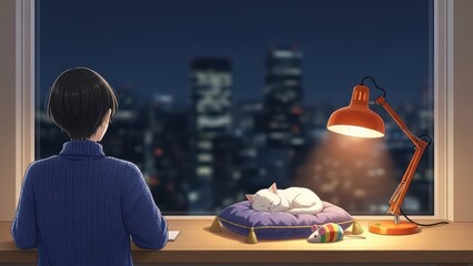 Person admiring city skyline while cat sleeps on a windowsill