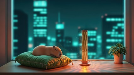 Cozy cat sleeping on a cushion against a city skyline backdrop